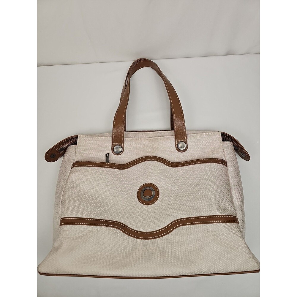 Delsey Paris Canvas Tote Bag Beige Brown Travel Shoulder Handbag